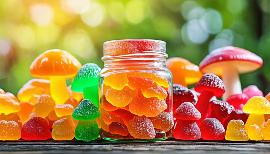 A jar filled with colorful mushroom gummies, representing their variety and appeal in wellness.