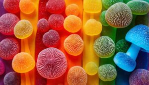 An artistic rendering of various colorful mushroom gummies surrounded by vibrant rainbow elements, symbolizing inclusivity and wellness for the LGBTQI+ community in Calgary.