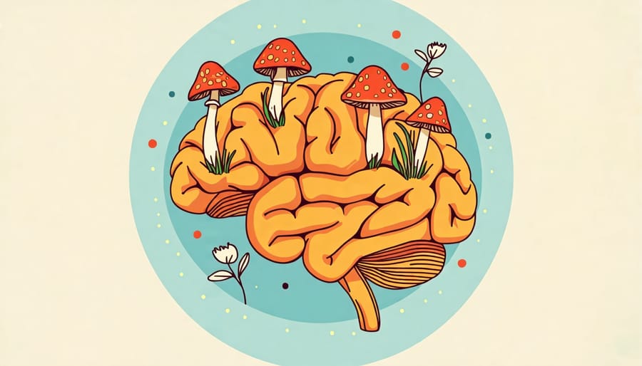 A conceptual illustration showing a brain with mushrooms around it, symbolizing mental health support benefits of mushroom gummies.