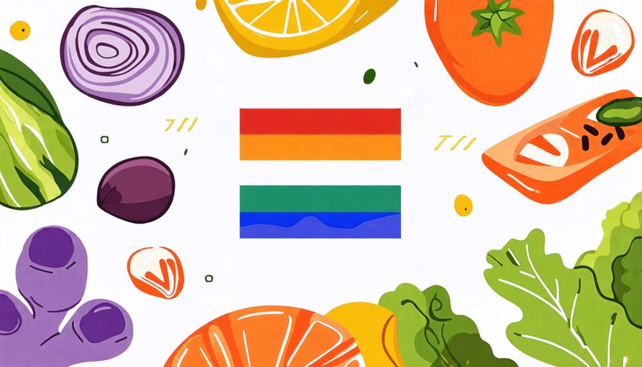 A healthy food setting with pride flag colors, representing the intersection of LGBTQI+ wellness and nutritional focus.